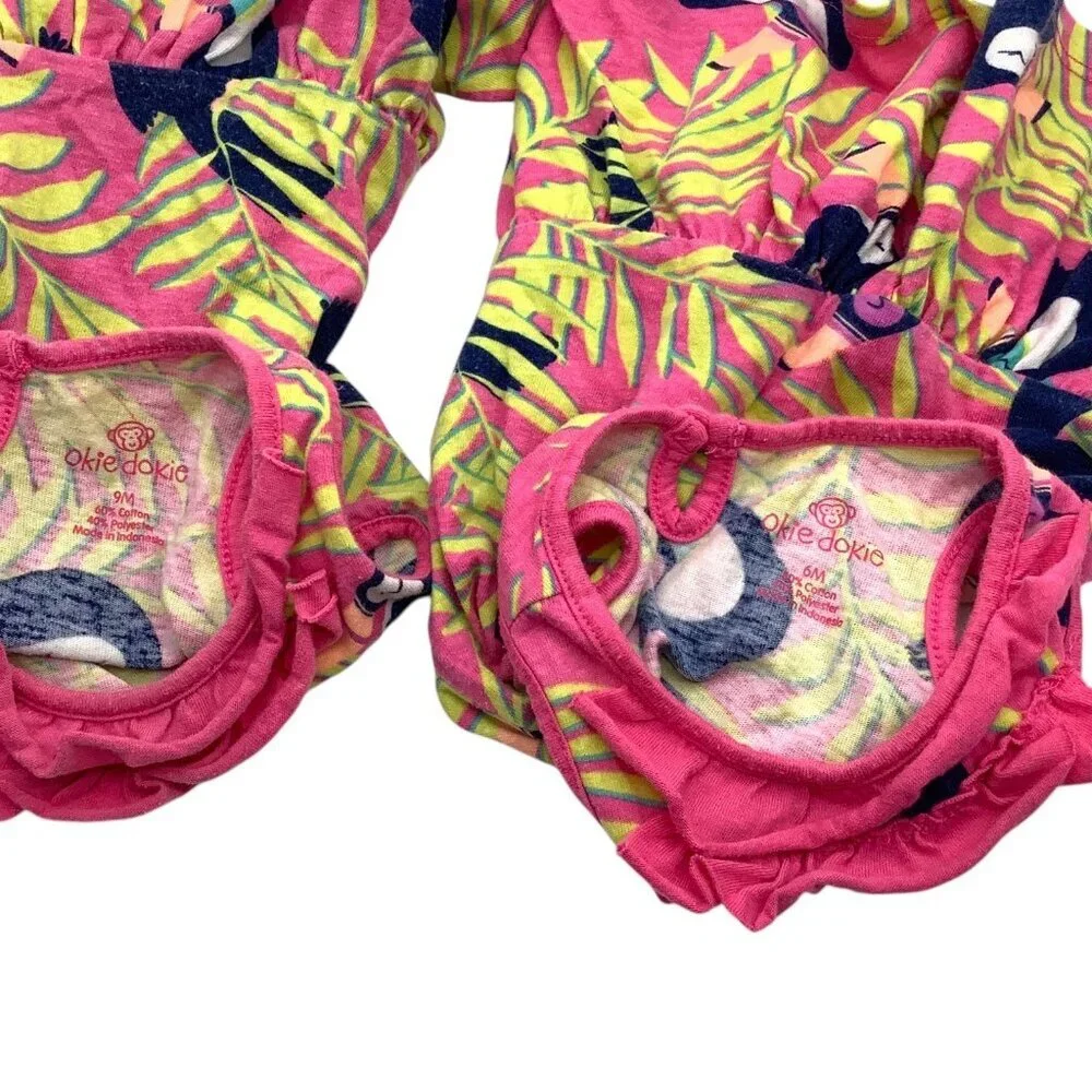 Lot‎ Of 2 Okie Dokie Baby Girl Tropical Print Dresses Size 6M & 9M Multicolor